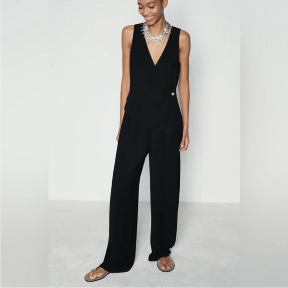 Zara Long Crepe Vest Jumpsuit in black Woman’s Size Large